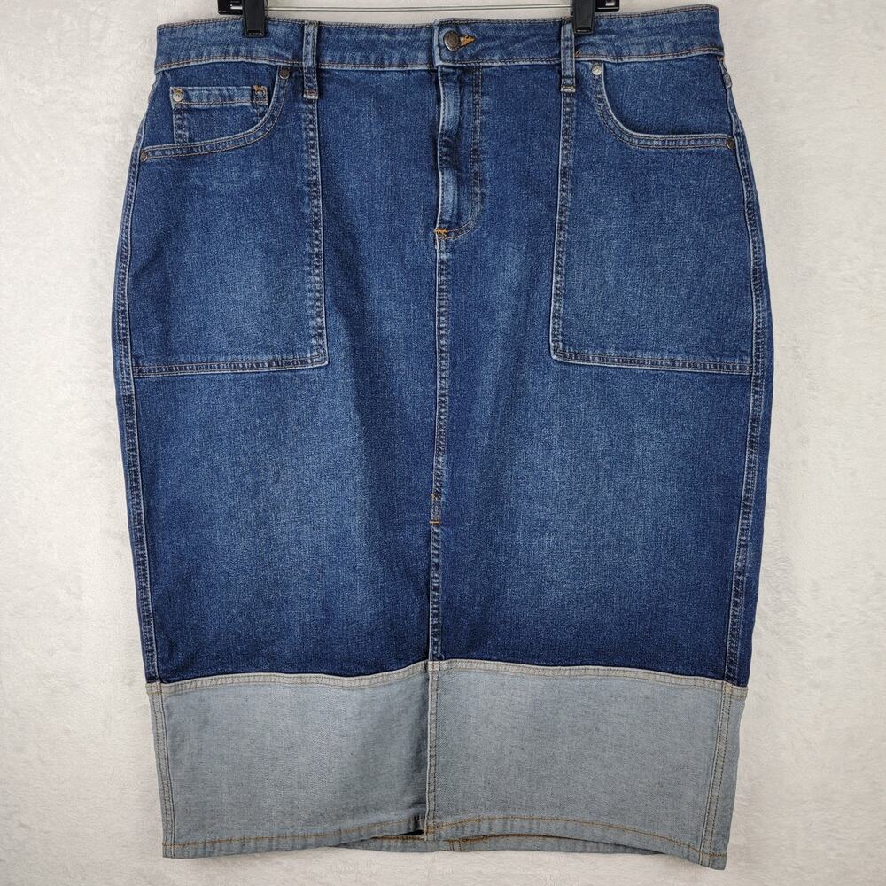 Bohemian Chic Jean Skirt 2X Midi Front Slit Two Tone Denim Casual Western Y2K